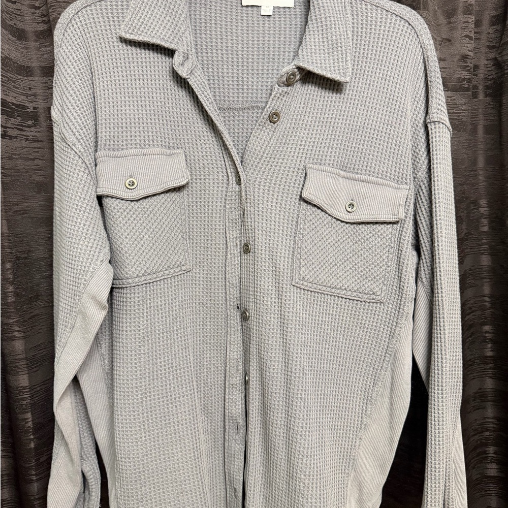 Gray Waffle Knit Button-Up Shirt